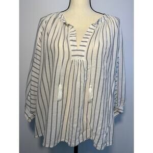 Joie White Black Stripe Peasant Top Boho Tassel Blouse 3/4 Sleeve Gauze Size M